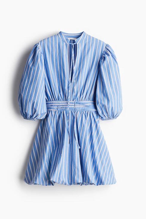 H&M Dresses & Skirts - H&M Blue Stripe Bubble Dress XL Balloon Sleeve Tie Front Cottagecore Peasant